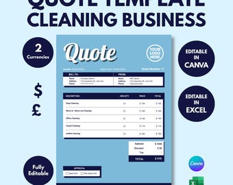 Sjabloon schoonmaakofferte Canva Excel, bewerkbaar schattingsformulier schoonmaak, offerte schoonmaak, serviceprijslijst, schatting van de taak