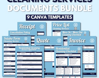 Bundel zakelijke formulieren en schoonmaakchecklists Canva | Intakeformulier schoonmaak, prijslijst schoonmaak, schoonmaakfactuur, offerte, ontvangstbewijs