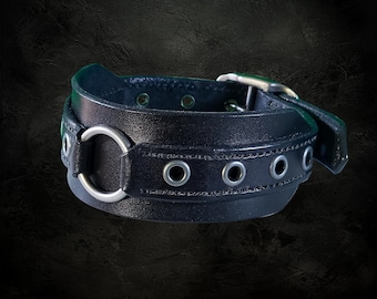 Black leather choker with antique nickel hardware