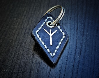 Algiz (rune) leather keychain (white stitching)