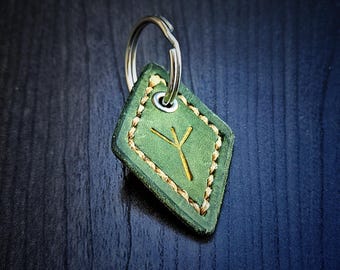 Algiz (rune) leather keychain (green w/ tan stitching)