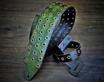 Green/ Black leather guitar strap with antique brass grommets