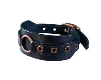 Black leather choker with antique brass hardware
