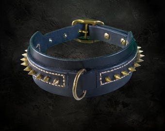 spiked black leather dog collar with antique brass hardware