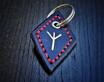 Algiz (rune) leather keychain (red stitching)
