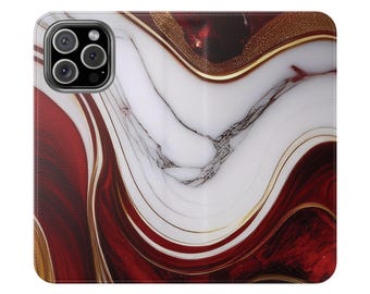 May include: A rectangular phone case featuring a fluid, abstract pattern of deep red, white, and metallic gold swirls. The design mimics the appearance of polished marble or agate stone, with a prominent camera cutout located in the top left corner.