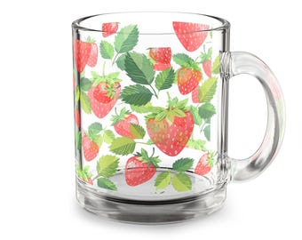 Strawberry Glass Mug, Perfect for Summer Drinks, Gift for Fruit Lovers, Kitchen Decor, Cute Coffee Mug, Floral Tea Mug
