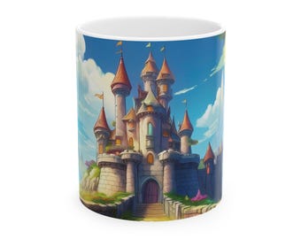 May include: A white ceramic mug with a colorful illustration of a fairytale castle with towers and a blue sky background.