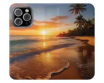 Puede incluir: Una funda de teléfono rectangular con una imagen impresa de una playa tropical al atardecer. La escena muestra un sol dorado bajo en el horizonte, suaves olas del mar sobre la arena y palmeras en silueta a lo largo de la costa.