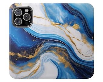May include: A rectangular phone case featuring a fluid marble pattern in shades of deep navy blue, bright royal blue, and crisp white, accented with shimmering gold veins that swirl across the surface and a circular camera cutout in the corner.