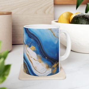Marble Coffee Mug: Luxe Blue and Gold Ceramic - Elegant Tea Cup