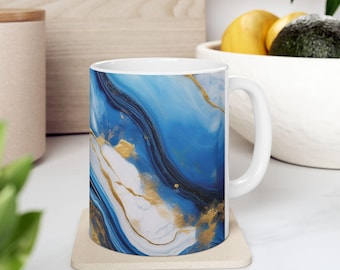 Marble Coffee Mug: Luxe Blue and Gold Ceramic - Elegant Tea Cup