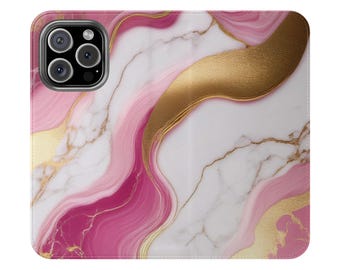 May include: A rectangular phone case featuring a marbled pattern with swirling shades of white, light pink, and deep magenta. The design is accented by flowing, textured gold metallic veins that curve across the surface, with a black camera cutout.
