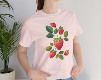 Strawberry Print T-Shirt, Fruit Lover Gift, Summer Tee, Unisex Jersey Shirt, Short Sleeve Top