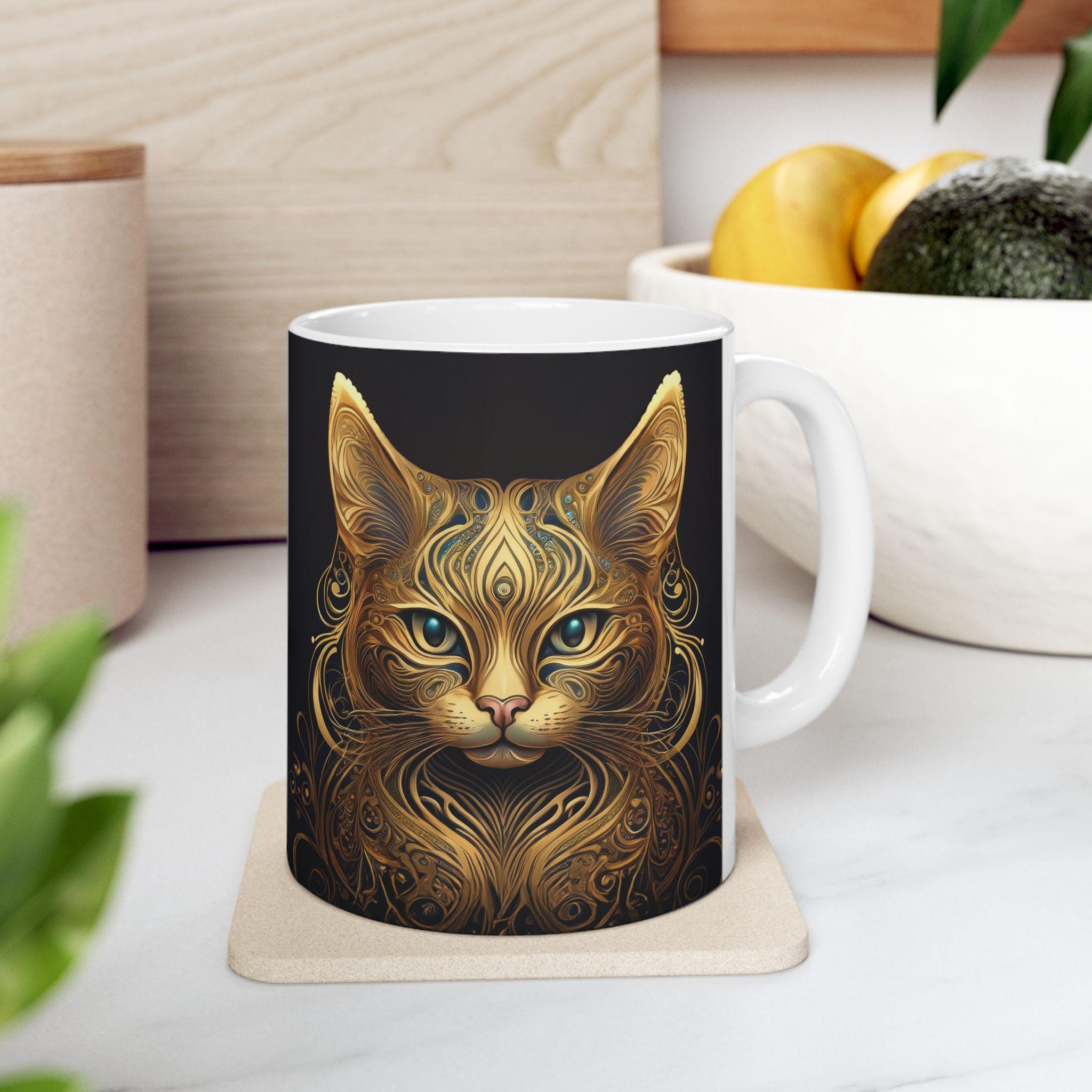 Elegant Cat Filigree Ceramic Mug: Black and Gold Art
