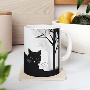 Elegant Black Cat Ceramic Mug - Cozy, Cat Lovers, Unique Gift, Home Decor, Morning Coffee