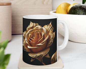 Golden Filigree Rose Ceramic Coffee Mug: Elegant Floral Decor