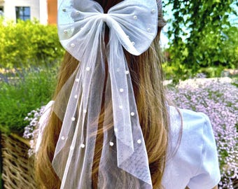 Pearl Tulle Bow Veil: Wedding Bridal Hair Clip