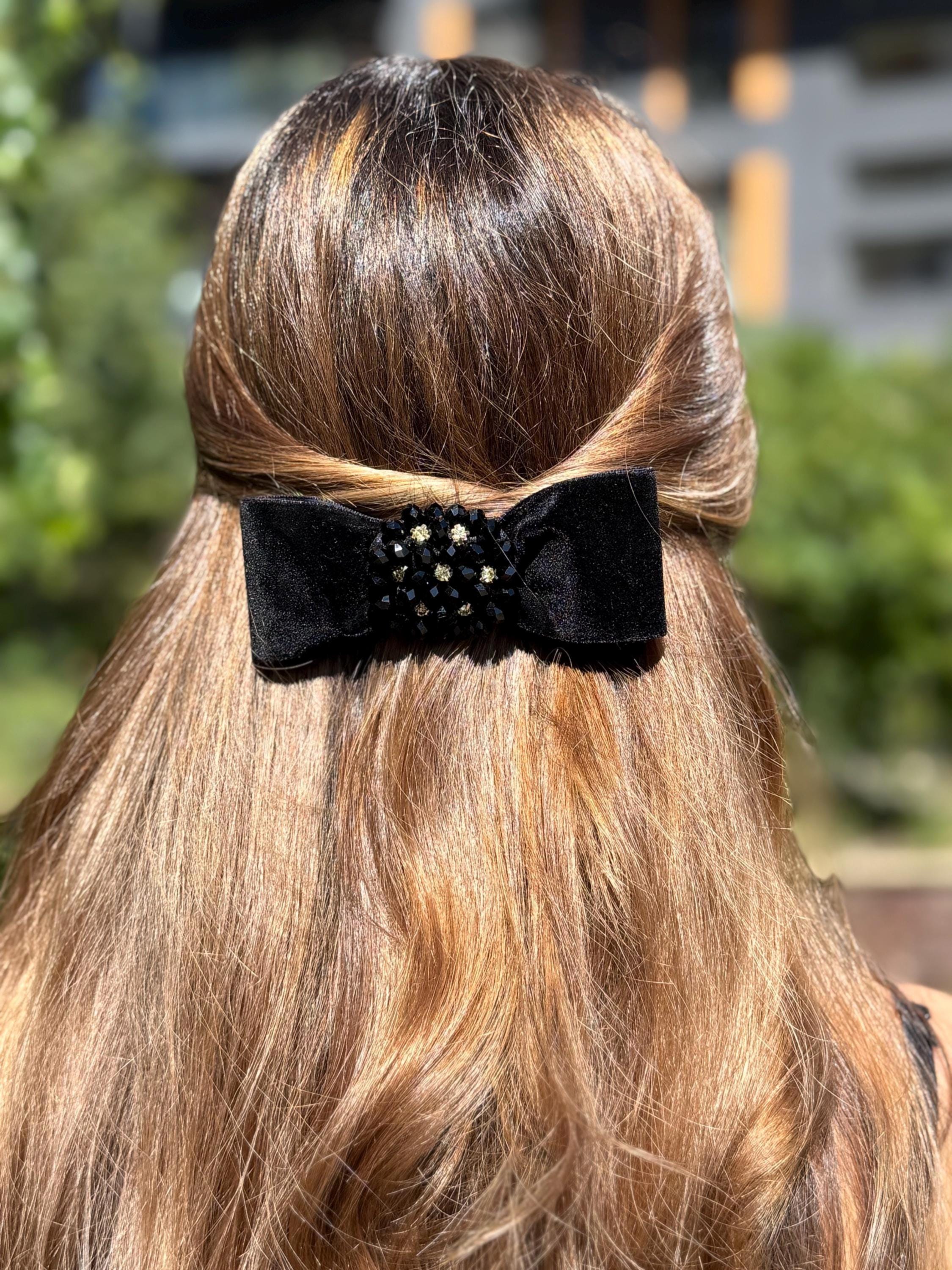 Velvet Rhinestone Hair Bow: Elegant Handmade Black Clip - Etsy