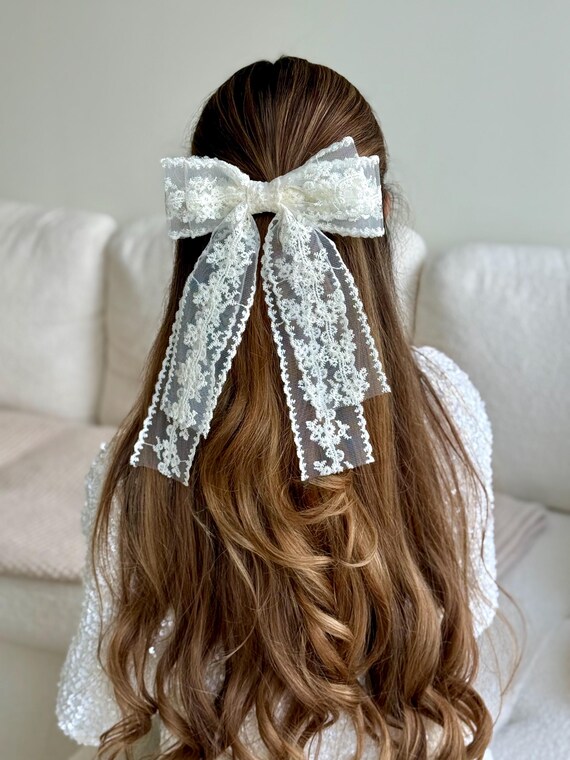 White Lace Bow Hair Accessory - Bridal, Bridesmaid & Party 