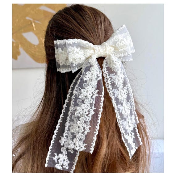 Embroidered Lace Hair Bow, Bridal Coquette Accessory