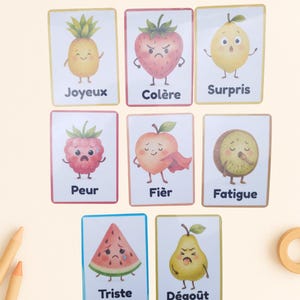 Cartes émotions enfant plastifiées, fruits migons, apprentisage émotions maternelle Méthode Montessori outil éducatif