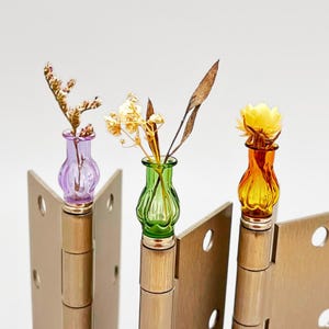 May include: Three decorative glass vases in purple, green, and orange, each holding dried flowers and foliage. The vases are mounted on brass hinges, creating a unique and artistic display. The background is plain white.