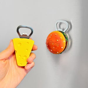 Burger and Cheese Bottle Opener Fridge Magnet – Novelty 3D Bar and Kitchen Decor, Functional Magnet Gift Set for BBQ & Beer Lovers