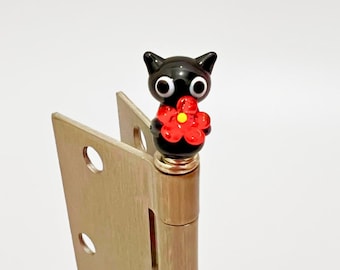 Mini Glass Cat Hinge Topper/Head, Handcrafted Glazed Glass, Cute Black Cat, Holiday and Festive Mini Animal Decor for Home