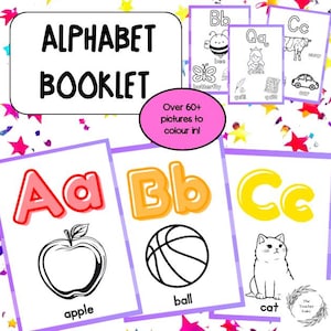 May include: Alphabet booklet with colorful letters and illustrations. The cover reads "ALPHABET BOOKLET" with a pink circle stating "Over 60+ pictures to colour in!". Includes images of an apple, ball, and cat, with the letters A, B, and C.