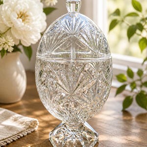 May include: A clear, cut-glass candy dish with a lid, featuring a starburst pattern. The dish sits on a hexagonal base and has a matching finial on the lid. White flowers in a vase are in the background.