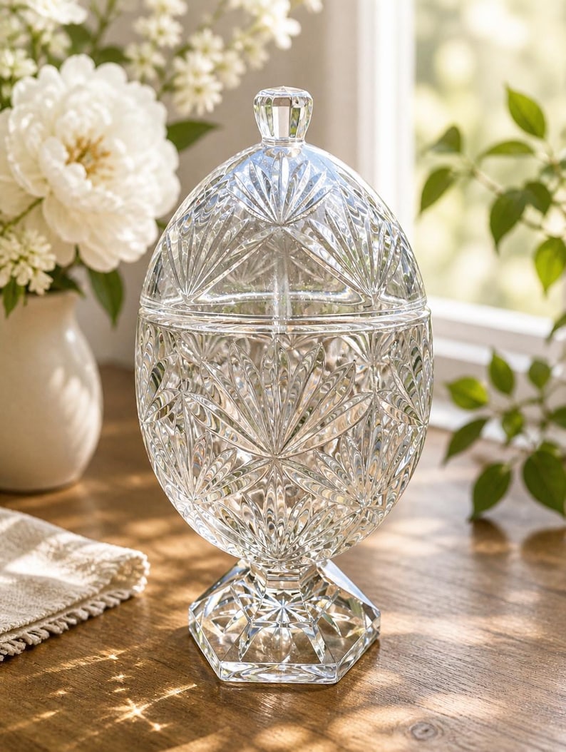 May include: A clear, cut-glass candy dish with a lid, featuring a starburst pattern. The dish sits on a hexagonal base and has a matching finial on the lid. White flowers in a vase are in the background.