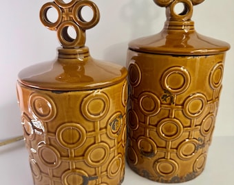 Vintage 1970s Ceramic Canister Set Retro Geometric Brown Glaze Apothecary Jars MCM Kitchen Decor