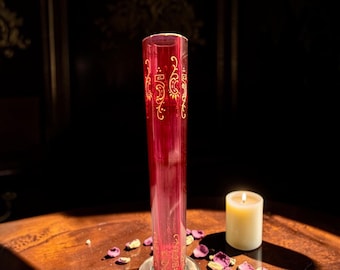 Antique Bohemian Cranberry Glass Vase: Moser Attributed, Hand-Painted Gold Enamel, Faceted Victorian