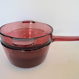 Vintage Corning Visions Cranberry Glass Double Boiler Set 1.5L V-20-B Saucepan with Insert Made in USA