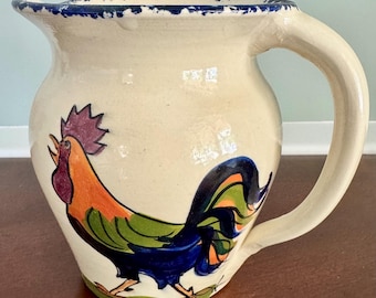 Vintage Cow Creek Pottery Rooster Pitcher By Jose Brenham Texas Hand Painted Folk Art Jug