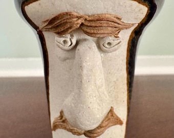 Vintage Studio Pottery Face Toothpick Holder Bud Vase Mustache Man Folk Art Ceramic Character Vessel Handmade Decor
