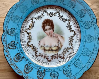 Antique Carlsbad Austria Portrait Plate Victorian Lady Blue Rim Decorative Cabinet Plate Vintage Austria China Wall Decor