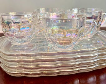 Vintage Federal Glass Yorktown Iridescent Snack Set 4 Cups 4 Trays Carnival Glass Tea Coffee Dessert Set