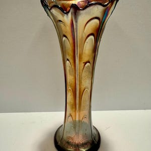 Vintage Dugan Carnival Glass Vase Pulled Loop Pattern Swung Amethyst Iridescent Art Glass 10 Inch