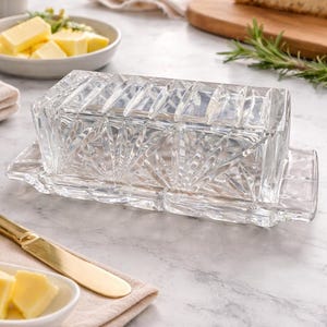 Vintage Cut Glass Butter Dish With Lid Starburst Base Clear Pressed Glass Rectangular Serving Dish Elegant Table Decor