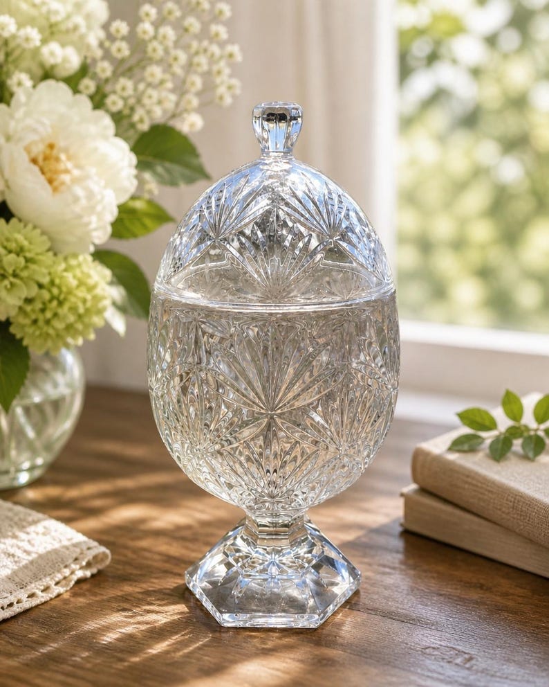 May include: A clear, cut-glass candy dish with a lid, set on a hexagonal base. The dish has a detailed, starburst pattern. The lid has a small, faceted knob. The dish is on a wooden surface, with flowers and books in the background.