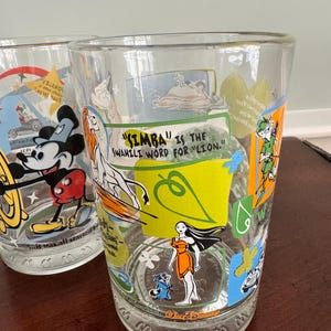 Op de afbeelding: Een helder drinkglas met kleurrijke Disney-personages zoals Pocahontas, Simba en Robin Hood. De tekst luidt: "Simba" is the Swahili word for "lion." De onderkant is voorzien van het Walt Disney-logo en een herhalend patroon.