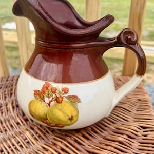 Vintage McCoy Pottery Fruit Festival Pitcher – Brown Drip Glaze Cottagecore Ceramic Jug