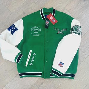 NFL Philadelphia Eagles Vintage Kelly Green Leather Wool Fly Varsity Jacket Prezent dla niego