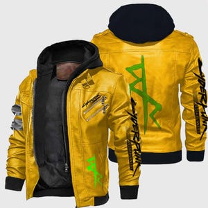 Handmade David Cyber punk 2077 Jacket | Tailored Hooded Biker Leather Jacket Leather | Edge runners Martinez Gaming Cosplay Yellow Coat