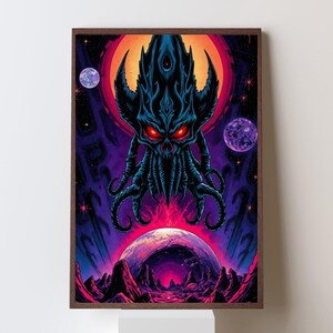 Impresión de arte de ciencia ficción oscura / Póster de neón lovecraftiano / Arte mural ocultista / Descarga digital / Cráneo cósmico de terror sobrenatural