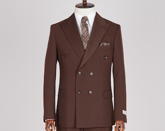 Men's Chocolate Brown Double-Breasted Suit, Peak Lapel Slim Fit Formal Wedding Prom Business Tuxedo
