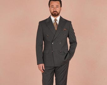 Men’s Charcoal Pinstripe Double Breasted Suit Slim Fit | Luxury Wedding Groom Suit Business Formal Suit Mens Designer Suit Prom Outfit