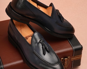 Black Leather Tassel Loafers, Calfskin Lined, Lightweight EVA Sole